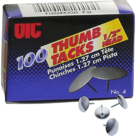 OIC Thumb Tacks, 1/2" head, 100/BX, Steel 100PK OIC92914